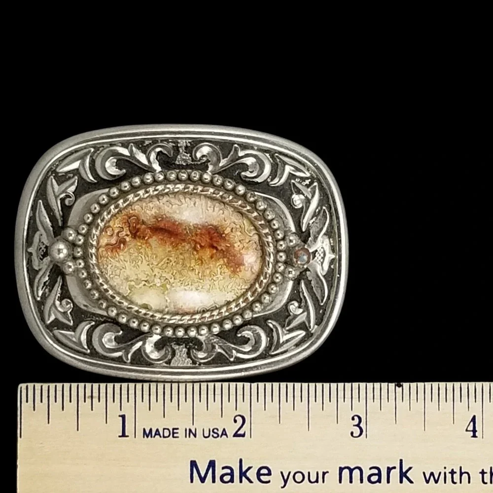 Western‎ Native American Style Oval Belt Buckle with Agate Stone Silver Tone